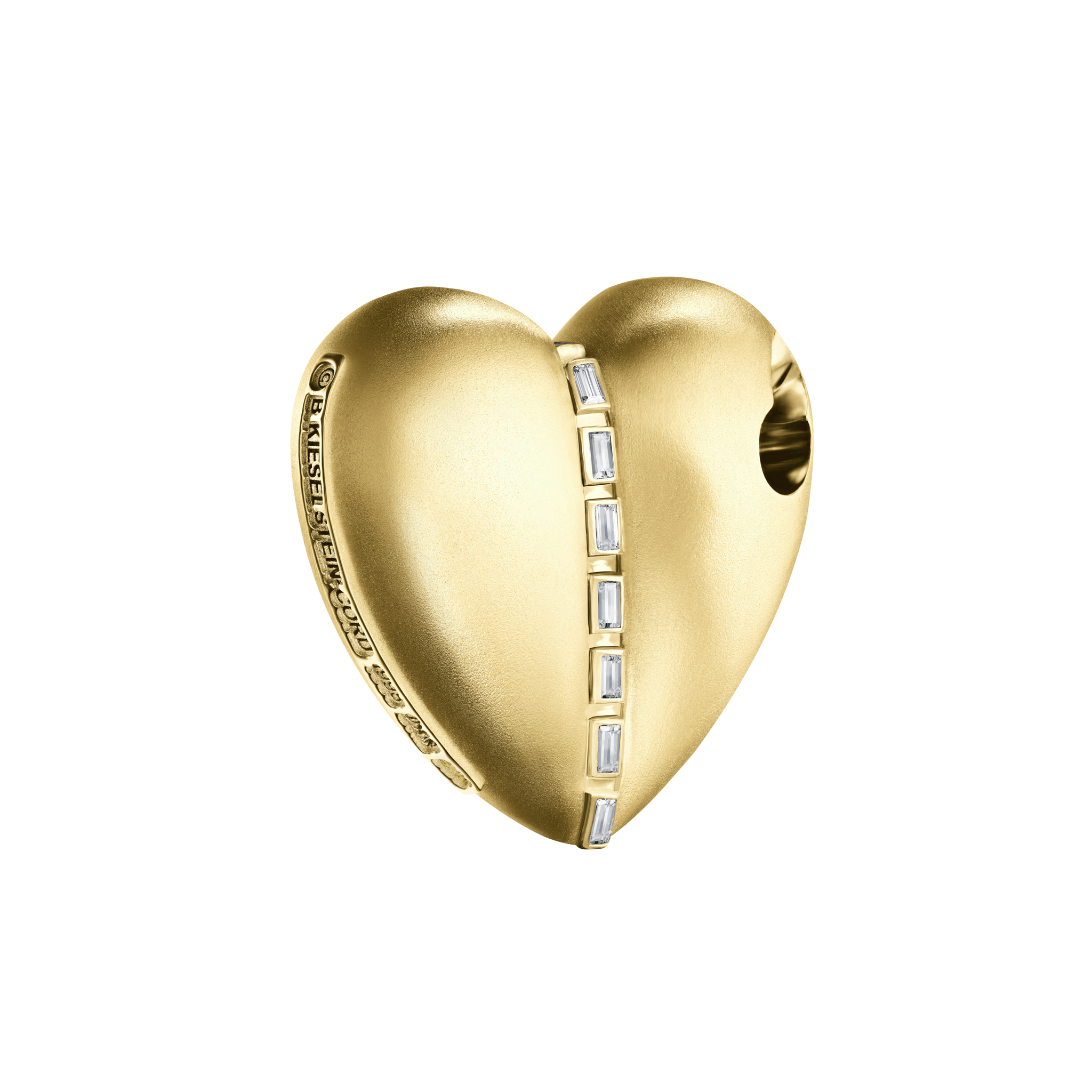 A detail of Bullet Hole Heart Pendant with Baguettes M in Yellow Gold